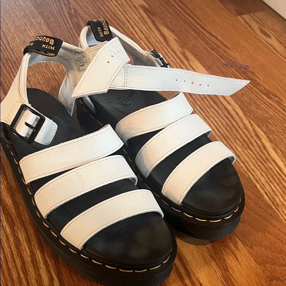 Dr. Martens White and Black Strappy Platform Sandals